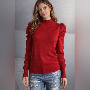 LoveTrend Red Puff Sleeve Mock Neck Knit Top Large EUC